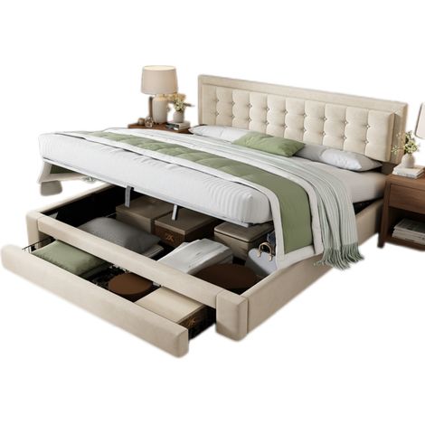 Letto contenitore 180x200 cm in velluto, Letto Matrimoniale con testiera regolabile e cassetti, Beige (1/5)