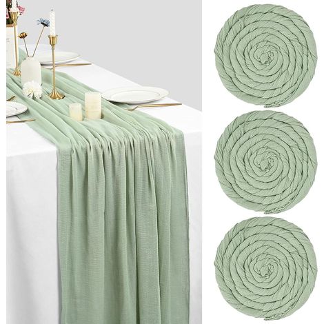 Lot de 3 chemins de table en gaze vert sauge, 3 mètres (10 pieds), nappe en étamine 90 x 300 cm, style rustique bohème, décoration pour mariage et enterrement de vie de jeune fille (1/5)