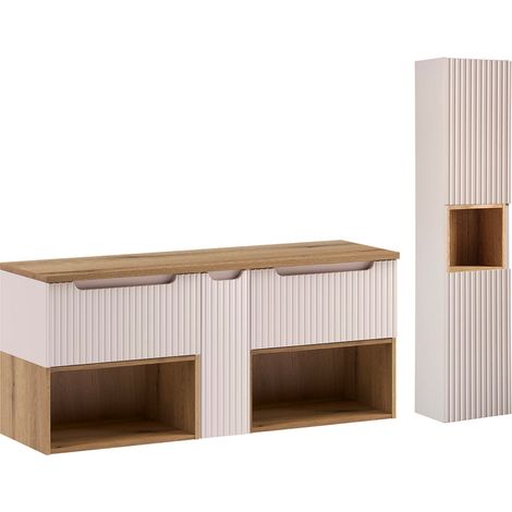 Conjunto de lavabo y columna Riva Cashmere y madera 140cm (1/4)