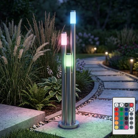 Wegeleuchte dimmbar mit Fernbedienung Außen Edelstahl LED Stehleuchte Außen groß, RGB Farbwechsel 3 silberne Säulen,3x 9Watt 3x 806lm warmweiß ,DxH 28x170 cm