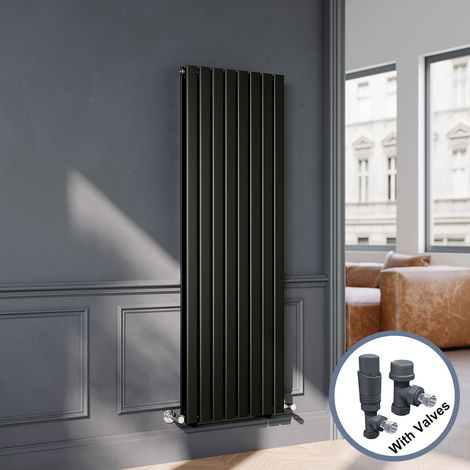 ELEGANT Black Flat Panel Central Heating Radiator with Anthracite Angled Thermostatic Radiator Valves 1600 x 544mm Vertical Double Panel Rads (1/5)
