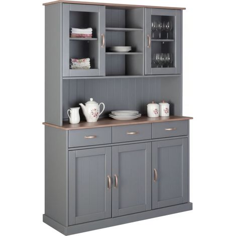 Dmora Credenza a 3 ante chiuse 2 vetrine e 3 cassetti, in pino massello verniciato grigio con top e finiture color marrone, 131x45x191 cm, con imballo rinforzato
