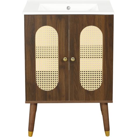 Mueble de baño con lavabo cerámico 61 cm de pie, puertas de ratán y MDF nogal (1/5)