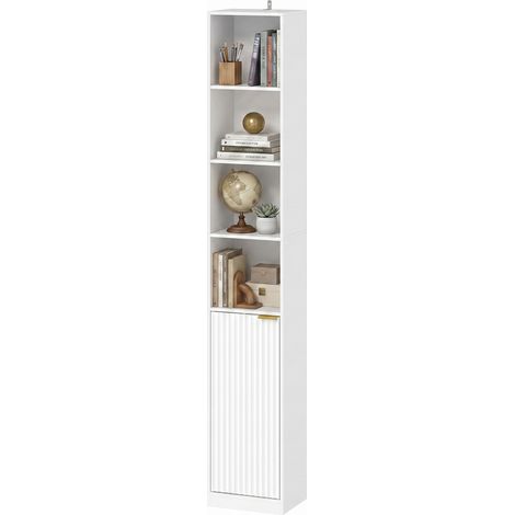 Bibliothèque haute et étroite à 6 niveaux avec 4 étagères ouvertes, porte et étagère réglables, blanche. (1/5)