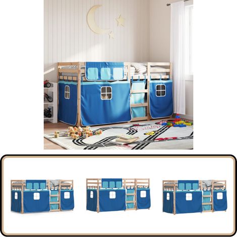 Etagenbett mit Vorhängen Blau 90x190 cm Massivholz Kiefer - Holzbett - Etagenbett - Kinderzimmermöbel - Jugendzimmer - Bunk Bed