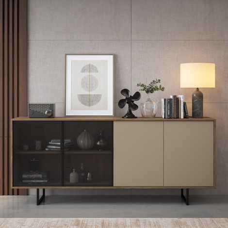 Schrank Malnate, Sideboard 3 Regale, Flügeltüren, 4 Türen, 200x40x87h cm Beige (1/4)