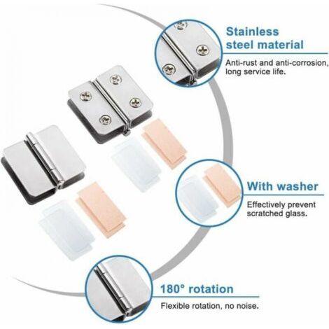 4 stainless steel glass door hinges, 180° opening angle, for 5–8 mm glass thickness (1/3)