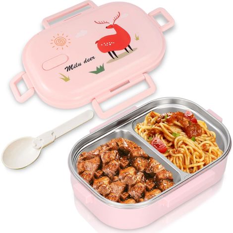 Boîte Lunch Acier Inoxydable, 650ml 2 Compartiments Couverts Étanche, Bureau École Pique-Nique (1/5)