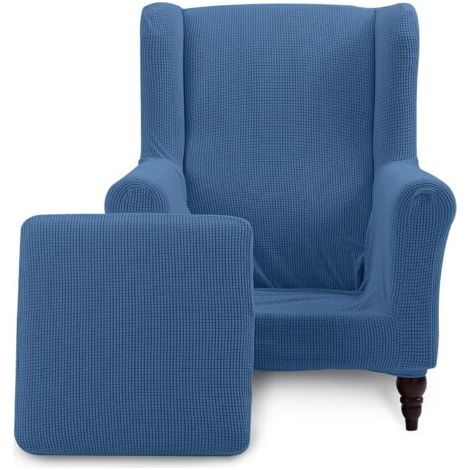 (Denim blue) wing chair cover, non-slip jacquard spandex fabric cover with elastic hem, washable furniture protector for living rooms and hotel rooms