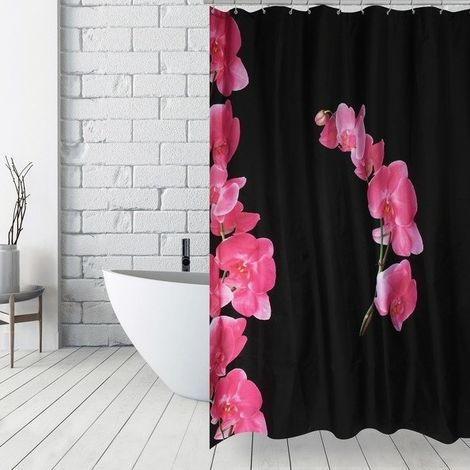 LANYU Cortina de Ducha de Poliéster 180x200cm Estampado de Flores Negras y Rosas - Anillas Incluidas MSV (1/4)
