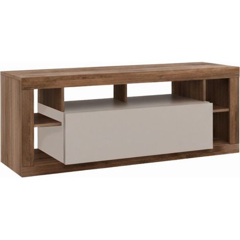 Meuble TV 1 porte avec encadrement 6 niches beige et aspect bois finition Mercure - LIMANI (1/5)