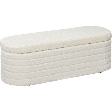 Banco de almacenaje para dormitorio con patas de madera y tapizado teddy blanco crema 116x41x40,5 cm (1/5)