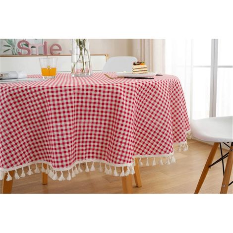 Manteles redondos antimanchas de algodón y lino, lavables, fáciles de limpiar, estilo nórdico con diseño de pompones, para cocina, picnic, fiestas y mesa de jardín (rojo, diámetro 120 cm) (1/5)