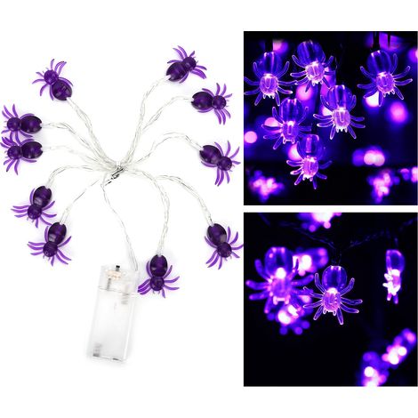 Guirlande lumineuse d'Halloween violette avec araignées, 2 m, 10 LED, pour décoration de fête d'Halloween, ambiance horrifique et décoration intérieure (boîtier à piles). (1/5)