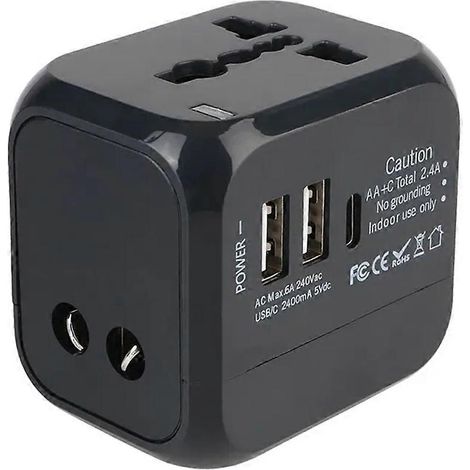 Universelles, wandmontiertes Reiseladegerät mit US-, EU- und AU-Steckern, zwei USB-Anschlüssen und einem USB-C-Anschluss für internationale Reisen (1/5)