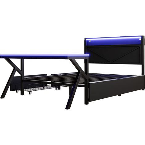 Cama plataforma de metal 140x200 cm negra con cabecero LED, escritorio LED y 2 cajones (1/5)