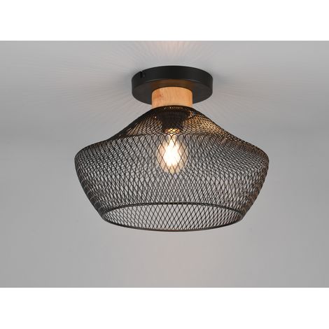 Vintage LED Deckenleuchte Drahtgeflecht Schwarz mit Holz Ø 35cm (1/5)