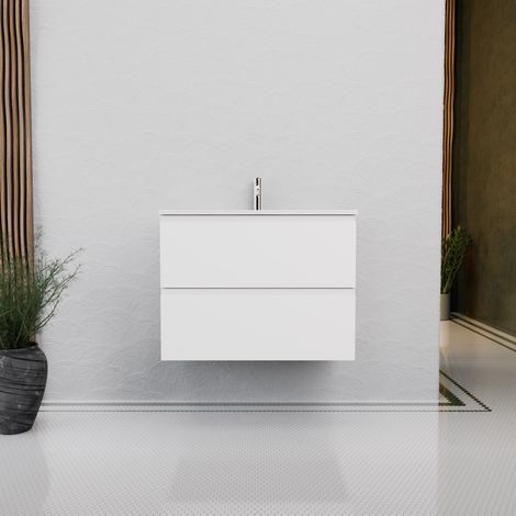 Inda - Badezimmerschrank B.80 mit glänzend/mattweißem Waschbecken 2 Schubladen - Rubin