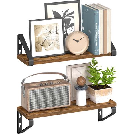 Étagère murale tablette flottante lot de 2 façons de montage 40 cm pour salon cuisine bureau salle de bain marron rustique et noir mat (1/5)