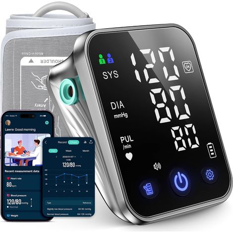 Tensiometre de bras avec grand écran LED 3 couleurs de 5 pouces Mémoire pour 2 x 99 mesures Annonce vocale Taille du brassard: 22–44 cm Application iOS et Android (1/5)