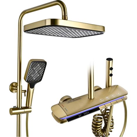 Colonne de Douche Thermostatique, 4 Touches de Piano de Fonction Ensemble de Douche, 31x20cm Carré Pommeau de Douche, Affichage Numérique, Lumière d'ambiance à DEL 360° (Or Brossé) (1/5)