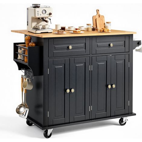 Chariot d'îlot de cuisine, 90 cm, desserte de cuisine mobile de dessus en bois avec armoire de rangement, abattant, support à épices, barre à serviettes, étagère réglable, tiroir, crochets, noir (1/5)