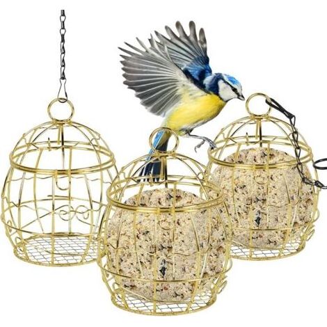 Or - Mangeoire à oiseaux, set de 3 mangeoires à oiseaux sphériques suspendues, mangeoire à oiseaux en métal résistante aux écureuils, mangeoire à oiseaux d'extérieur pour petits oiseaux sauvages (1/5)