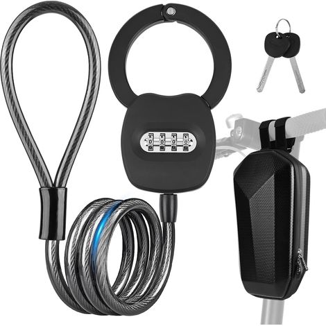 Antivol Trotinette Electrique à Clef Avec 4 code,100CM Cadenas Trotinette Electrique avec Sac Rangement étanche,14MM Câble-antivol Épais Haute Sécurité, Antivol Trottinette Électrique (1/5)