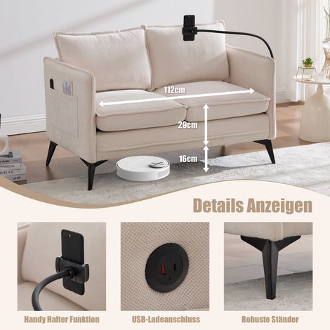 Canapé double moderne,petit fauteuil en tissu avec poche latérale de rangement + porte-téléphone portable réglable,adapté au salon/chambre/balcon-Chi