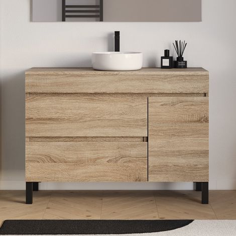 Meuble de salle de bain 120cm avec plateau et vasque à poser ronde - porte et tiroirs - sans miroir - cambrian (chêne clair) - LAZARO (1/5)