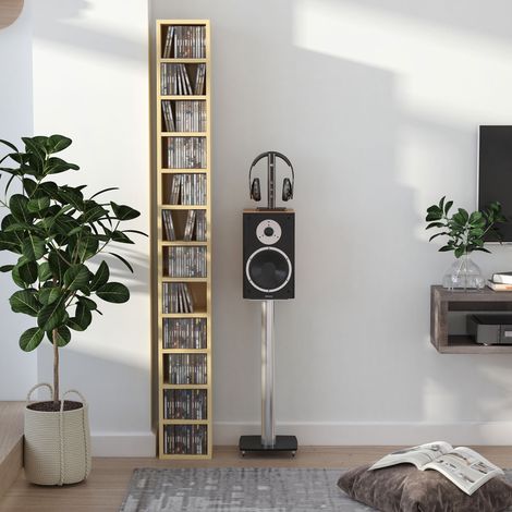 Rangements pour CD et DVD, étagère colonne de rangement, meuble de rangement avec 12 compartiments, capacité max. 204 CD, 21 x 20 x 175 cm, bois naturel