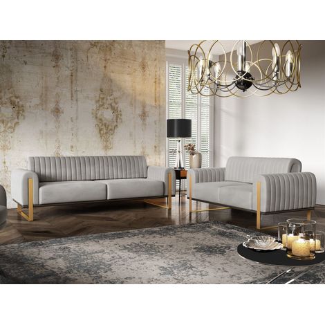 Sofaset Designersofas VALERIE 3-2 in Stoff Stoff Elisa Velvet Hellgrau (1/5)