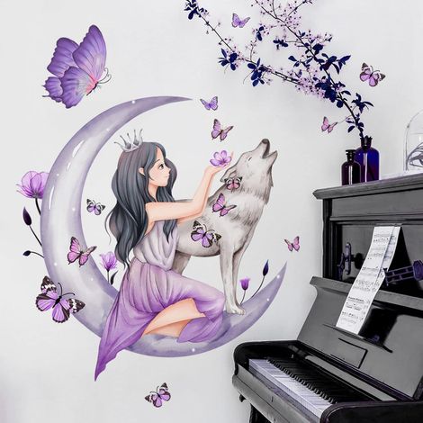 Autocollants pour chambres de s,Décalque mural lune loup fleur fée,Décor mural floral rose Papillons colorés Décoration murale pour , bébé, chambre (1/5)
