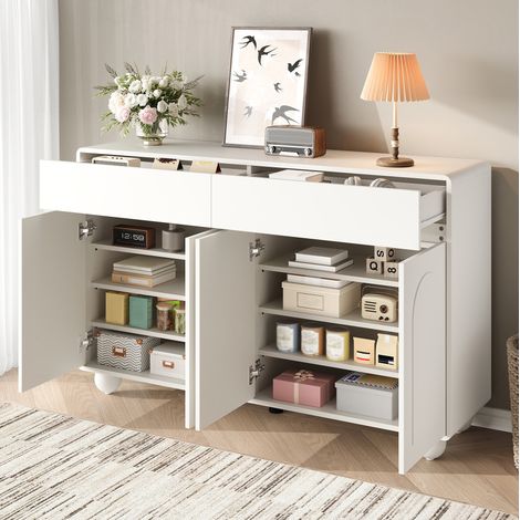 Credenza contenitore 140x38x89 cm, 2 cassetti, 4 ante, ripiani regolabili, gambe in metallo, MDF bianco (1/5)