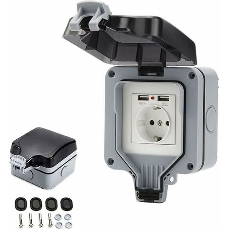 IP66-wasserdichte Steckdose mit USB-Anschlüssen, Außensteckdose mit Abdeckung, Wandsteckdosenkasten für Garten, Garage, Pool