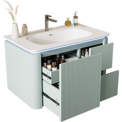 ELVMI Mobile Sottolavabo Sospeso con 4 Cassetti, LED con Sensore di Movimento, per Bagno, MDF e Ceramica, 80.5 x 47.5 x 51 cm, Verde (1/5)