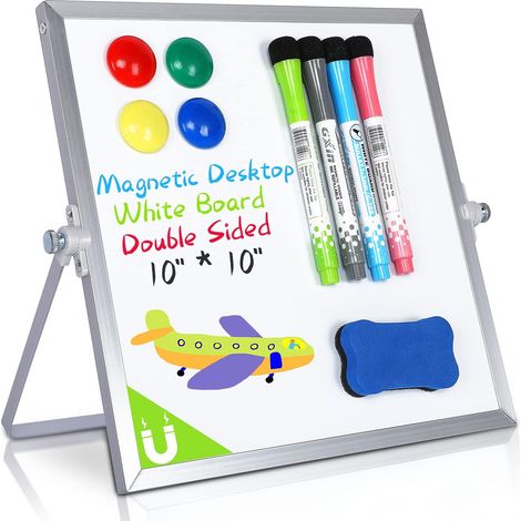 Tableau Blanc Magnetique - 25 x 25 cm - Double Face Avec Support Metal - Pour Bureau Ecole Maison - Lot Complet 4 Stylos 4 Aimants 1 Gomme