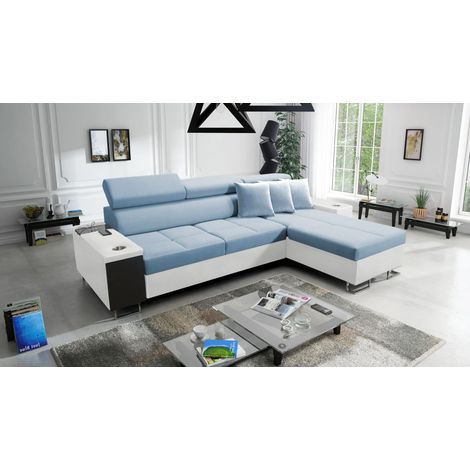 Bequemes Ecksofa mit Schlaffunktion MORENA I MINI Kunstleder/Uttario Velvet Weiß/Blau Rechts (1/5)
