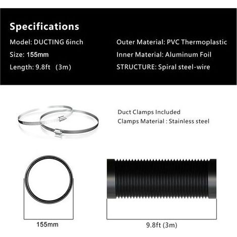 Tuyau ventilation en PVC de 150 mm pour hotte aspirante, Tuyau d'Evacuation pour Extracteur d'Air, ventilateur tubulair(3 mètres de longueur) [Classe énergétique A++] (1/5)