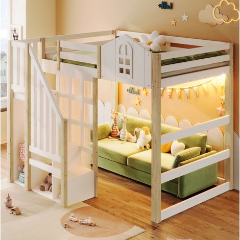DESVIAE Lit mezzanine 140 x 200 cm avec LED forme fenêtre échelle de rangement espace ouvert et voilage blanc naturel (1/5)