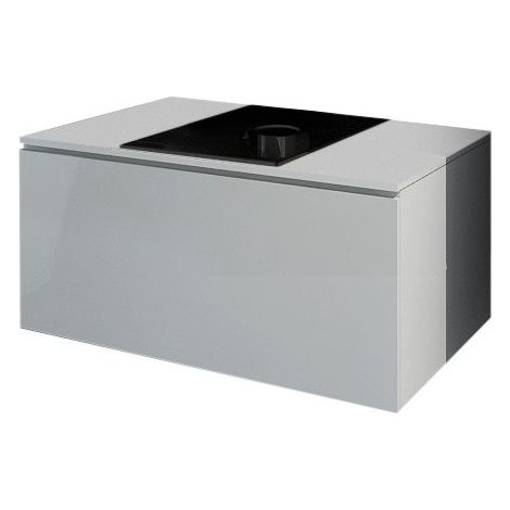 Hängender Waschtischunterschrank Kollektion OWL, mattweiß und glänzend, mit schwarzer Glasplatte, ideal für das Badezimmer.