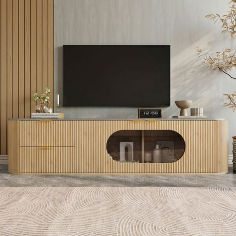 Meuble TV avec rangement, vitrine ovale verre gris, portes rayures 3D verticales, finition bois (1/5)