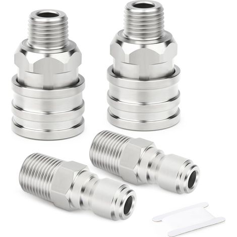 4PCS Kit raccords tuyau nettoyeur haute pression acier inoxydable 304, raccord rapide mâle 1/4" BSP, connecteur eau haute pression pour nettoyeurs (1/5)