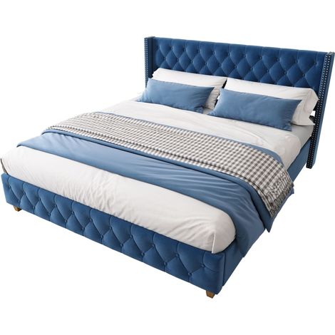 Letto Imbottito 160 × 200 cm, Matrimoniale con Testiera Trapuntata e Borchie, senza Materasso, Velluto Blu (1/5)
