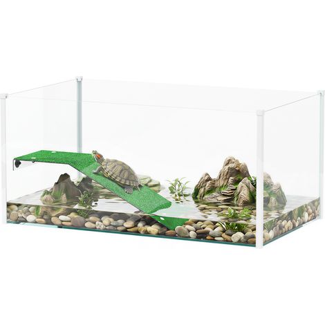 PawHut acuario para tortugas, terrario de tortugas con plataforma y rampa, vista panorámica 360°, para peces pequeños, camarones, 60x35x28 cm, blanco