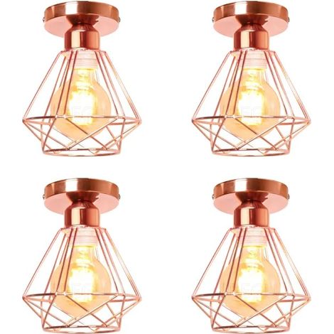 4pcs Plafonnier Industriel 16cm Luminaire Lustre Vintage en Métal E27 Éclairage de Plafond Design Cage Abat-jour Rétro,Rose (1/5)