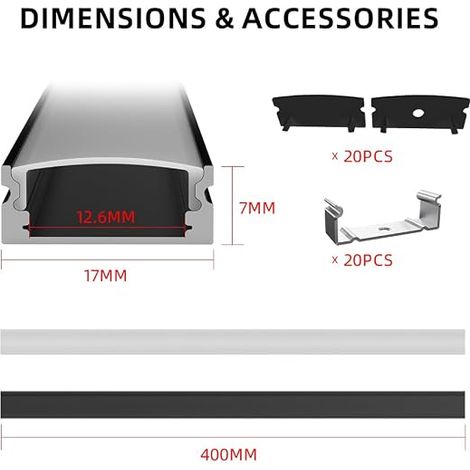CUQI Profilé LED Noir, Profilé Alu pour Ruban LED 10 x 40CM avec Couvercle PC Laiteux, Embouts et Clip de Montage (10 PACK) (1/4)