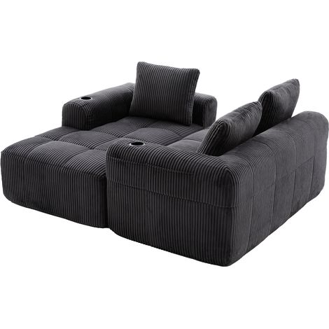 Canapé compact en velours côtelé gris foncé avec modules modulaires, poches latérales et porte-gobelets (1/5)