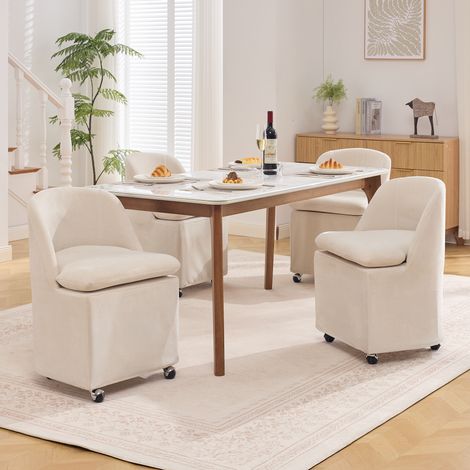 Poltrona 058 con ruote universali, sedia da pranzo in tessuto chenille, sedia da cucina moderna senza braccioli, sedia da trucco per soggiorno con rivestimento sfoderabile, set da 2, beige (1/5)