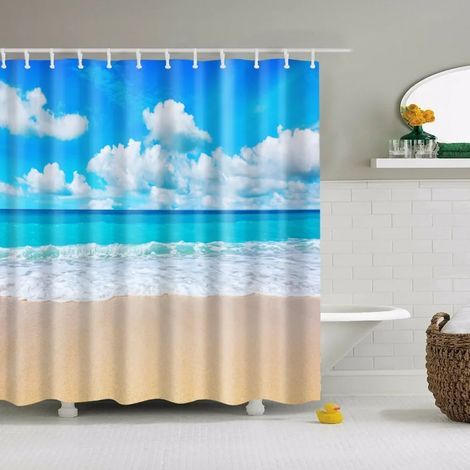 Duschvorhang mit Strandmotiven: Muscheln, Seesterne, Schneckenhäuser, blaue Palmen, Sonnenuntergang und Naturlandschaft Badezimmerdekoration 300 x 180 cm (118 x 70 Zoll)